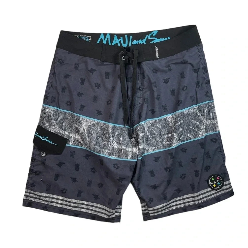 SH661 Mens Maui & Sons Black Shark 4 Way Stretch Beach Board Shorts 34